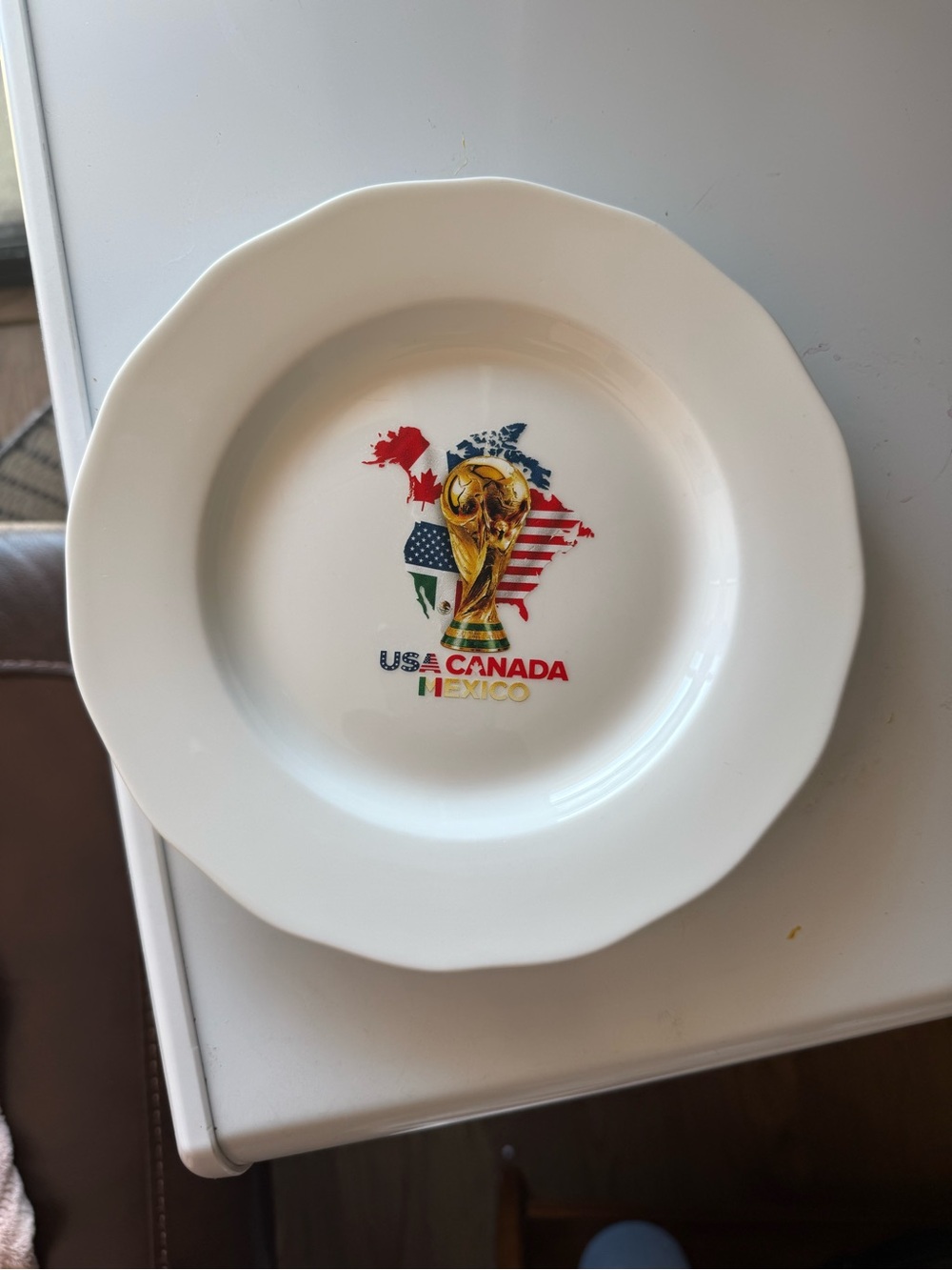 White Ceramic World Cup Decorative Plate with Gold Trophy Motif